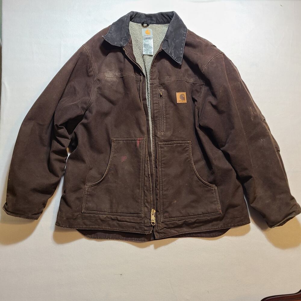 Men's Carhartt C61 DKB Dark Brown Sherpa Lined Coat Distressed Size 2X Large